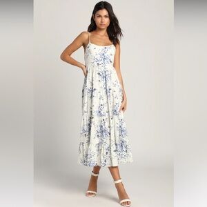 Lulus Mykonos Mood Ivory Floral Print Tie-Strap Tiered Midi Dress